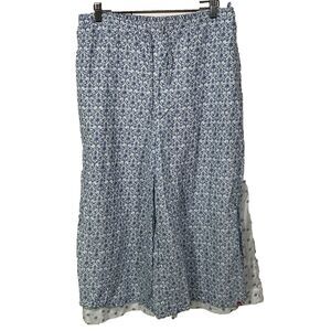 Biba Wide Leg Crop Pants Size XL Layered Blue White Floral Cottage Beach Coastal